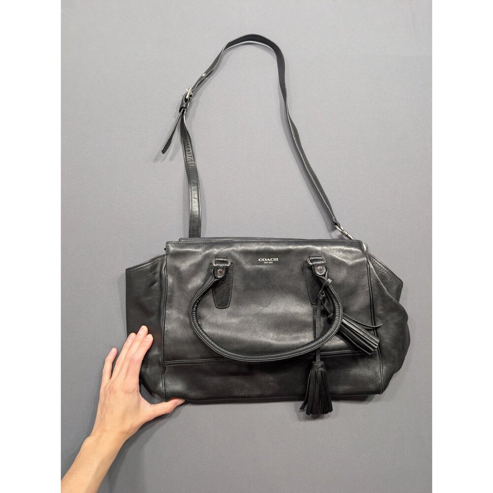 Coach Black Leather Large Satchel Tote Bag Tassel Crossbody